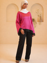 Women’s Pink Modest Asymmetric Lace Tunic Top
