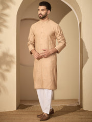 Hand-Embroidered Beige Cotton Linen Kurta Pyjama Set