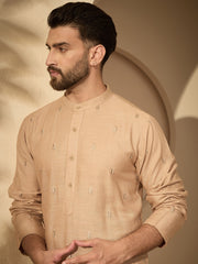 Hand-Embroidered Beige Cotton Linen Kurta Pyjama Set