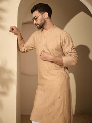 Hand-Embroidered Beige Cotton Linen Kurta Pyjama Set