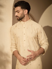 Hand-Embroidered Cotton Linen Cream Kurta with White Pyjama Set