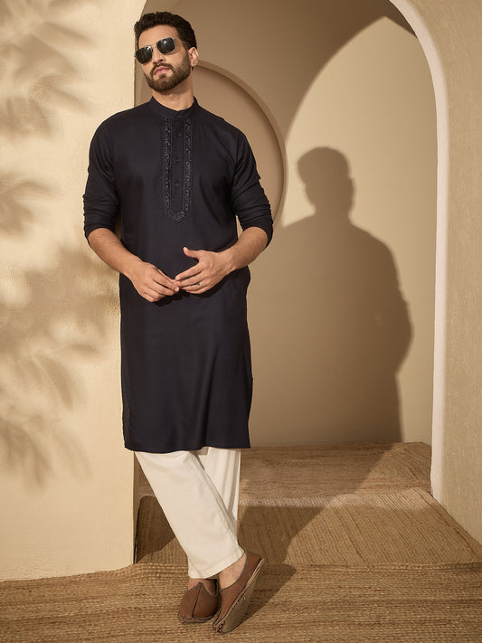 Embroidered Navy Blue Cotton Linen Kurta Pajama Set
