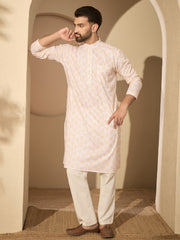 Cotton Printed Kurta with White Pajama Set for Men