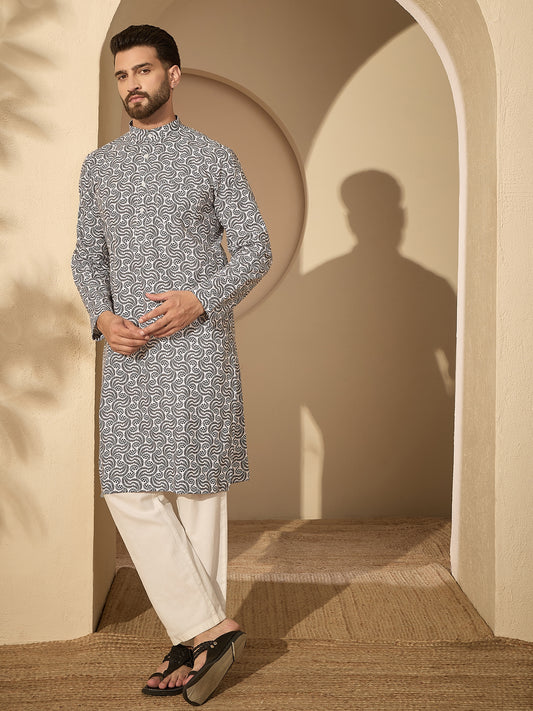 Cotton Printed Kurta with White Pajama for Men– Festive Wear Set