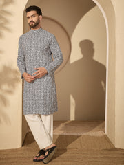 Cotton Printed Kurta with White Pajama for Men– Festive Wear Set