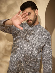 Cotton Printed Kurta with White Pajama for Men– Festive Wear Set