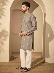 Embroidered Cotton Grey Kurta with White Pyjama Set