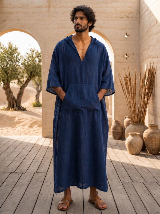 Men’s Navy Blue Hooded Linen Kaftan – Oversized Resort Wear Beach Cover-Up