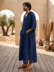 Men’s Navy Blue Hooded Linen Kaftan – Oversized Resort Wear Beach Cover-Up