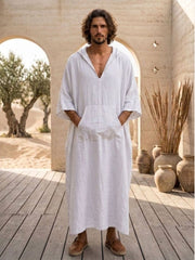 Men’s White Hooded Linen Kaftan – Oversized Resort Wear Beach Cover-Up