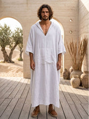 Men’s White Hooded Linen Kaftan – Oversized Resort Wear Beach Cover-Up