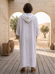 Men’s White Hooded Linen Kaftan – Oversized Resort Wear Beach Cover-Up