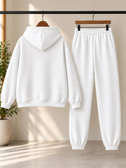Fleece Hoodie and Joggers Set for Women – White Casual Two-Piece Lounge Outfit