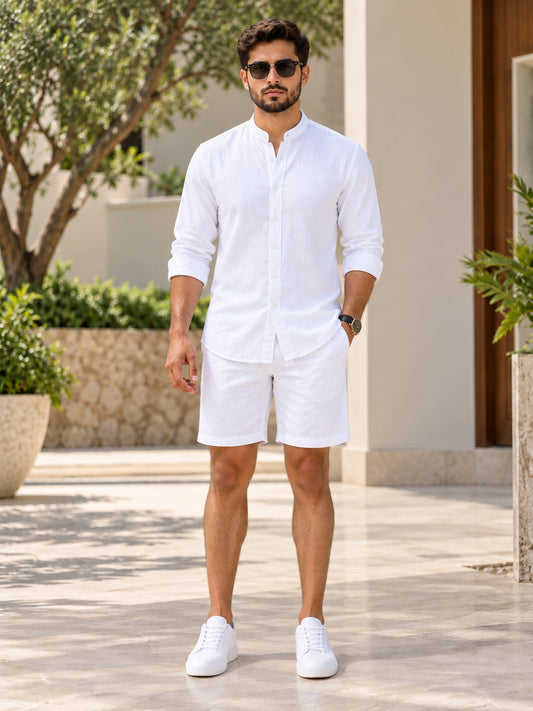 White Linen Shirt and Shorts Set for Men | Summer Beach Co-Ord Outfit