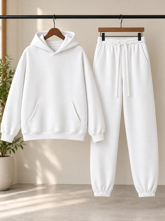 Fleece Hoodie and Joggers Set for Women – White Casual Two-Piece Lounge Outfit