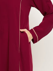 Maroon and Beige A-Line Abaya for Women with Black Georgette Hijab