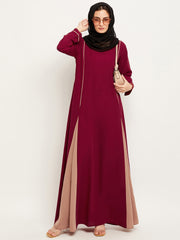 Maroon and Beige A-Line Abaya for Women with Black Georgette Hijab
