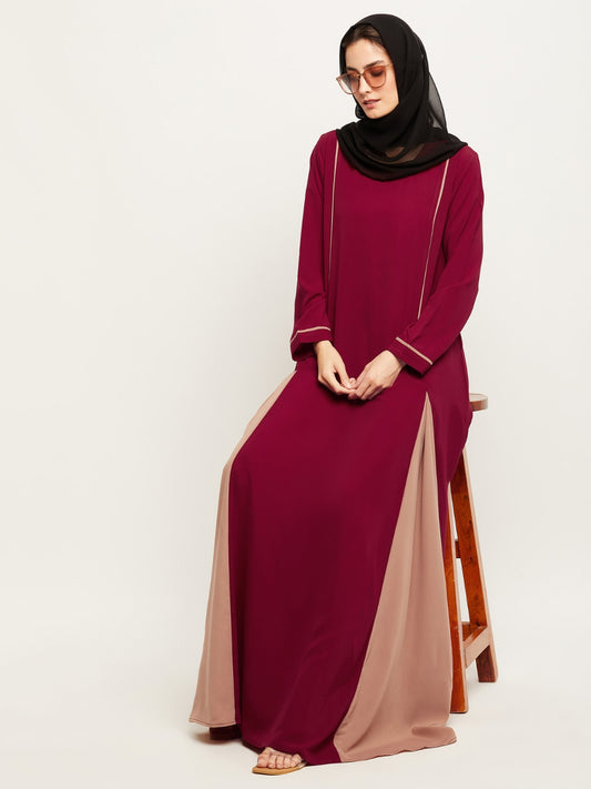 Maroon and Beige A-Line Abaya for Women with Black Georgette Hijab