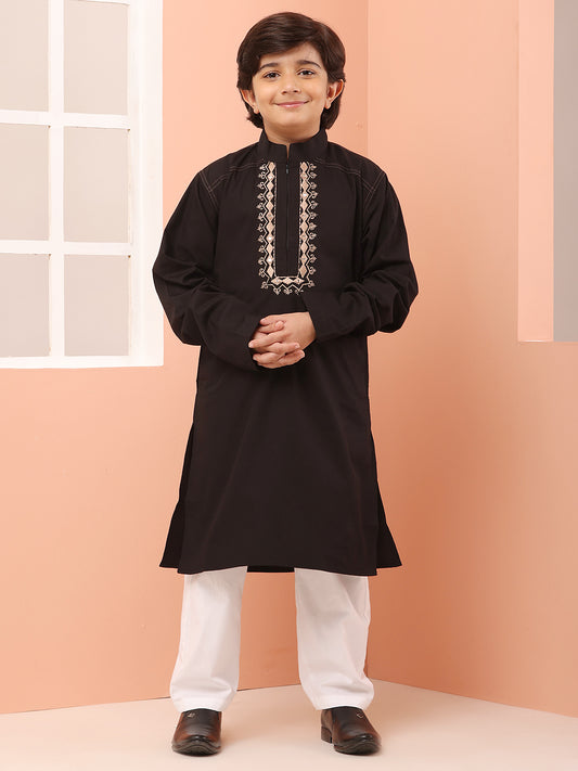 Black Solid Embroidered Zip Closure Kids Boy's Kurta Pajama Set