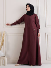 Front Open Maroon Solid Kashibo Abaya Burqa With Black Georgette Hijab