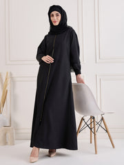 Front Open Zip-Closure Black Kashibo Abaya Burqa Paired With Black Georgette Hijab