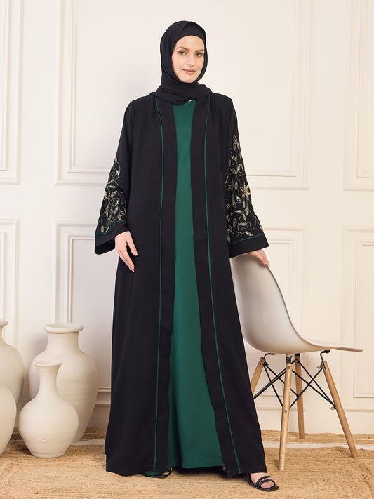 Black and Bottle Green Solid Luxury Hand worked Abaya Burqa for Women with Black Hijab