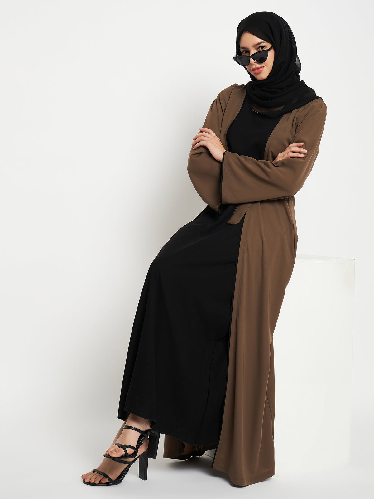 Inner Part Included Oat Solid Front Open Shrug with Black Georgette Hijab