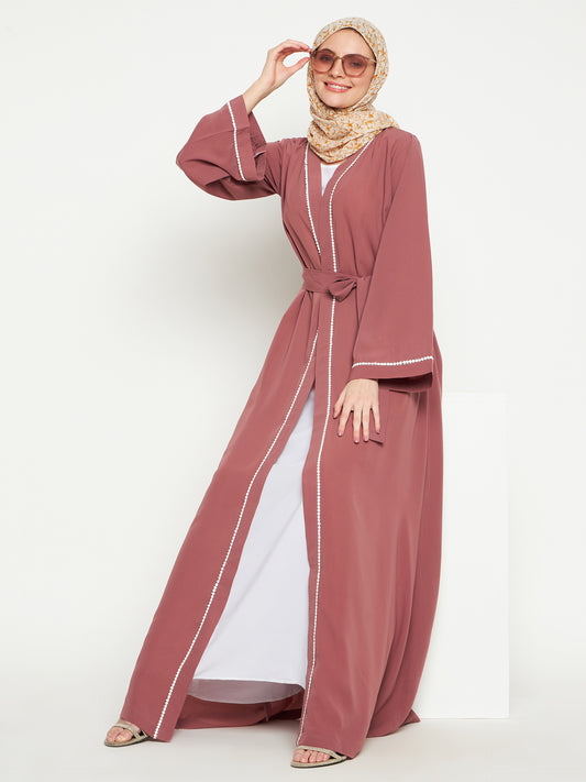 White Lace Design Pink Front Open Abaya with Black Georgette Hijab