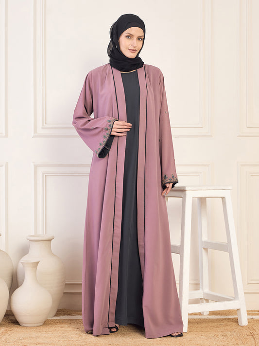 Pink and Olive Black Solid Luxury Handworked Abaya Burqa for Women with Black Hijab