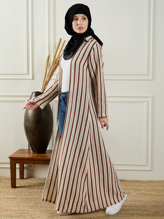 Cotton Knitted White and Maroon Front Open Shrug Paired with Black Georgette Hijab