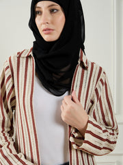 Cotton Knitted White and Maroon Front Open Shrug Paired with Black Georgette Hijab