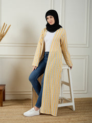 Cotton Knitted Front Open White and Yellow Shrug For Women Paired with Black Georgette Hijab