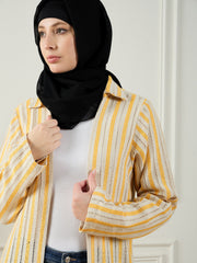 Cotton Knitted Front Open White and Yellow Shrug For Women Paired with Black Georgette Hijab