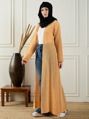 Cotton Knitted Front Open Yellow Shrug For Women Paired with Black Georgette Hijab