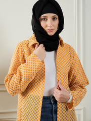 Cotton Knitted Front Open Yellow Shrug For Women Paired with Black Georgette Hijab