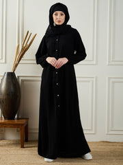 Black Front Open Ruffle Abaya Burqa For Women With Matching Black Georgette Hijab