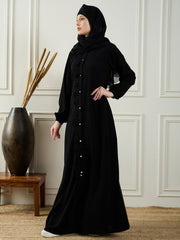 Black Front Open Ruffle Abaya Burqa For Women With Matching Black Georgette Hijab