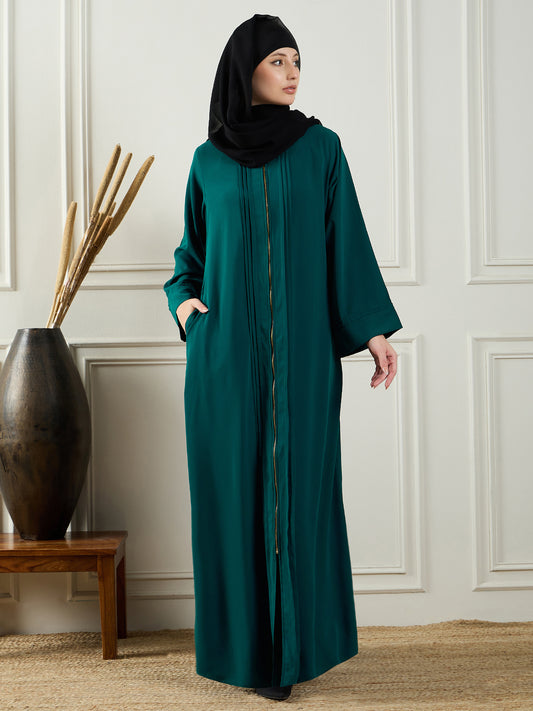 Front Open Bottle Green Abaya Burqa Paired With Black Georgette Hijab