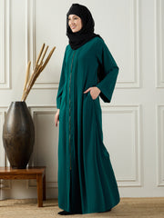 Front Open Bottle Green Abaya Burqa Paired With Black Georgette Hijab