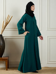 Front Open Bottle Green Abaya Burqa Paired With Black Georgette Hijab