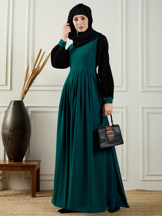 Two Color Bottle Green and Black Abaya Burqa with Black Georgette Hijab