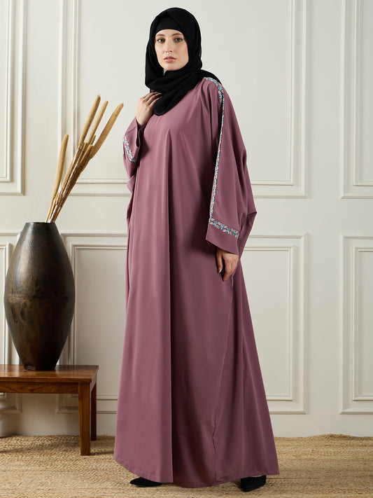 Puce Pink Embroidery Detailing Abaya Burqa With Black Georgette Hijab