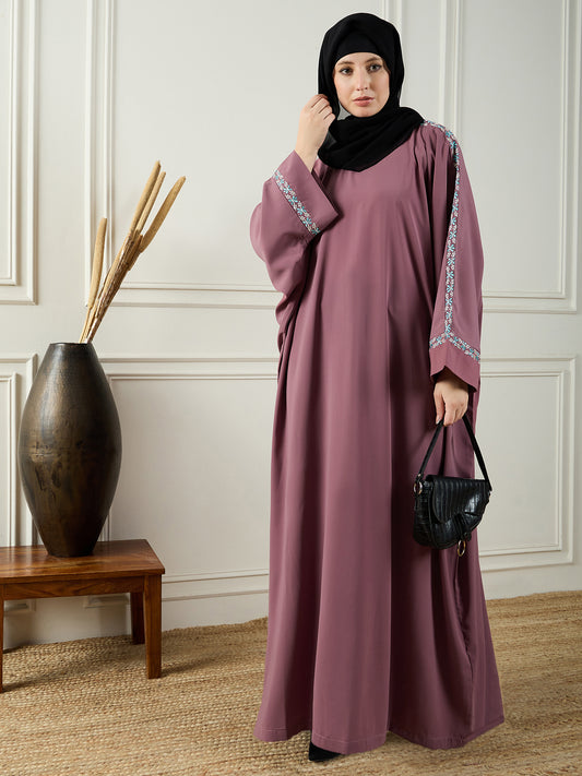 Puce Pink Embroidery Detailing Abaya Burqa With Black Georgette Hijab