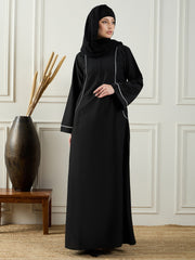 Black Solid White Piping Detailing A-line Abaya Burqa With Black Georgette Hijab