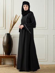 Black Solid White Piping Detailing A-line Abaya Burqa With Black Georgette Hijab