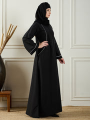 Black Solid White Piping Detailing A-line Abaya Burqa With Black Georgette Hijab