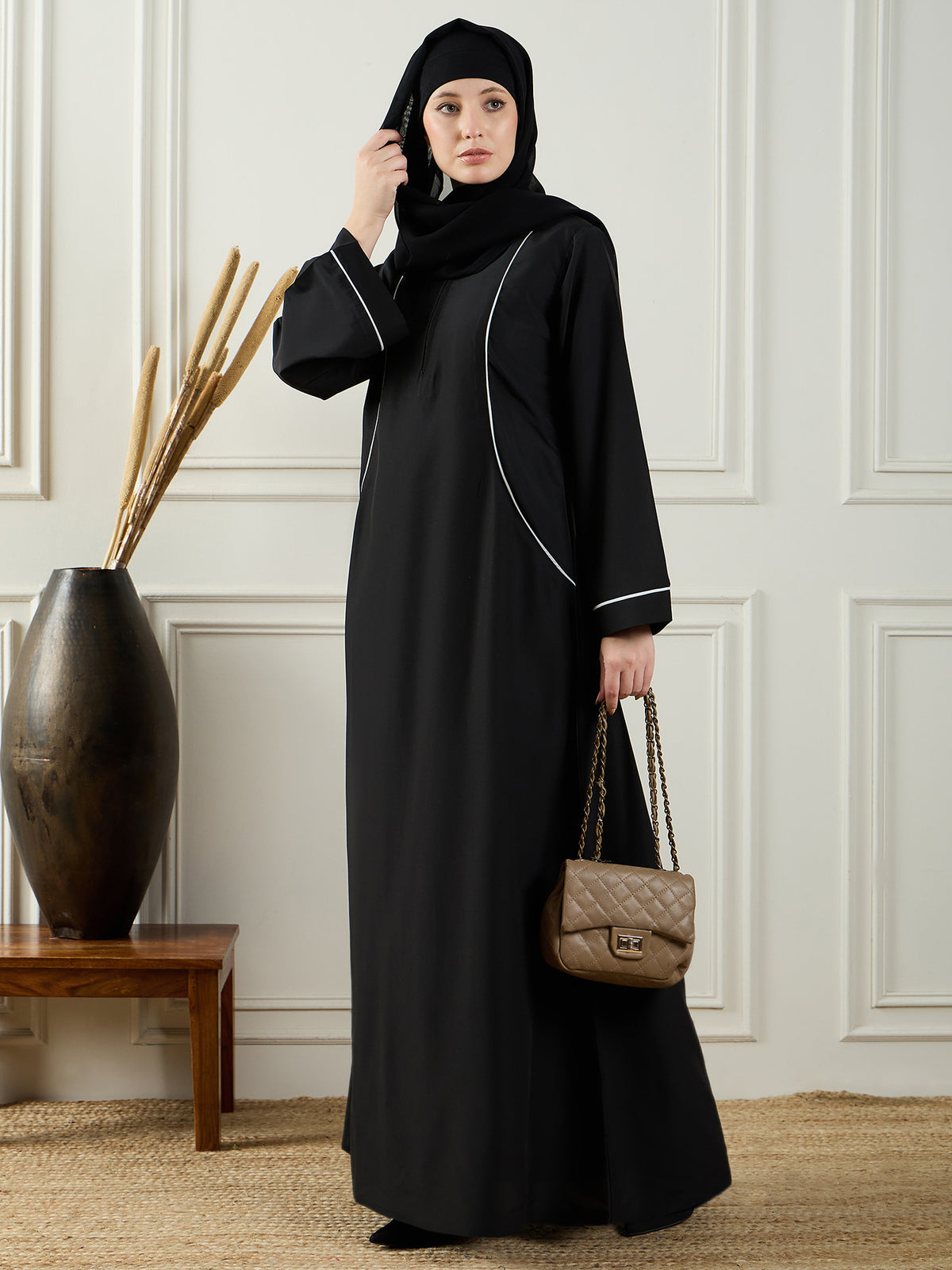 Black Solid White Piping Detailing A-line Abaya Burqa With Black Georgette Hijab