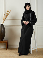 Black Solid White Piping Detailing A-line Abaya Burqa With Black Georgette Hijab