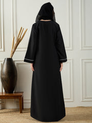 Black Solid White Piping Detailing A-line Abaya Burqa With Black Georgette Hijab