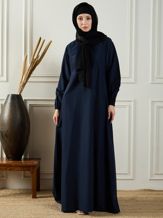 Blue Solid Abaya Dress Paired with Black Georgette Hijab